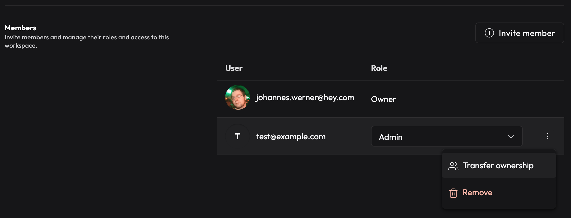 Workspace member table action dropdown